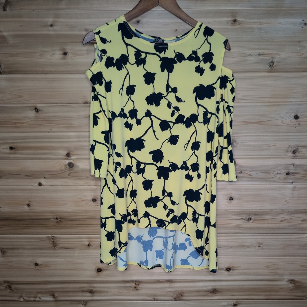 Clara Sunwoo‎ Womens Yellow Blue Floral Cold Shoulder High Low Tunic Top Large